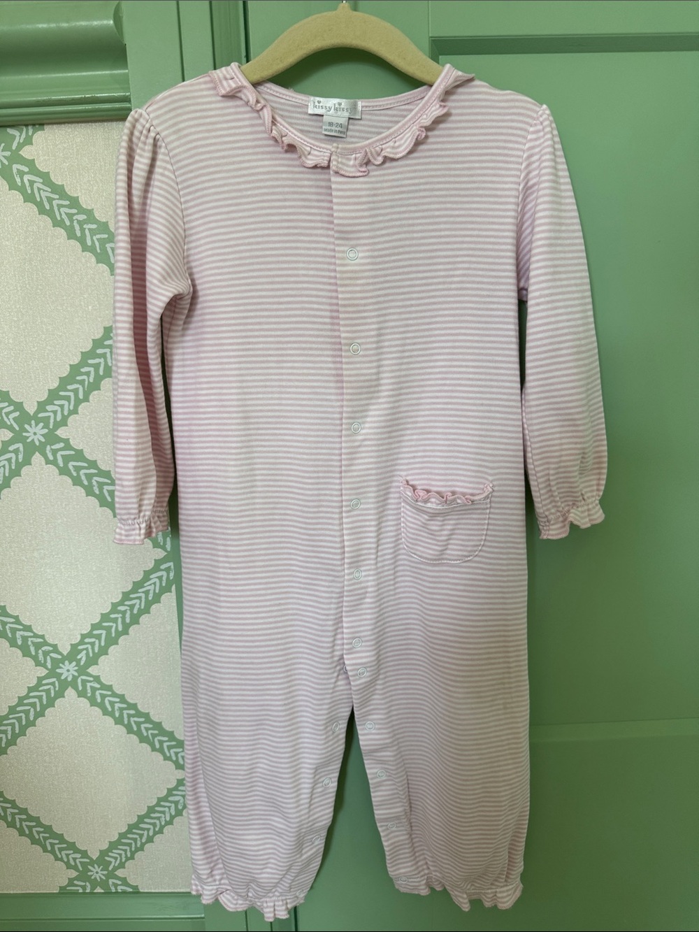 Kissy kissy Light Pink & White Striped Ruffle-Trim Footed One-Piece